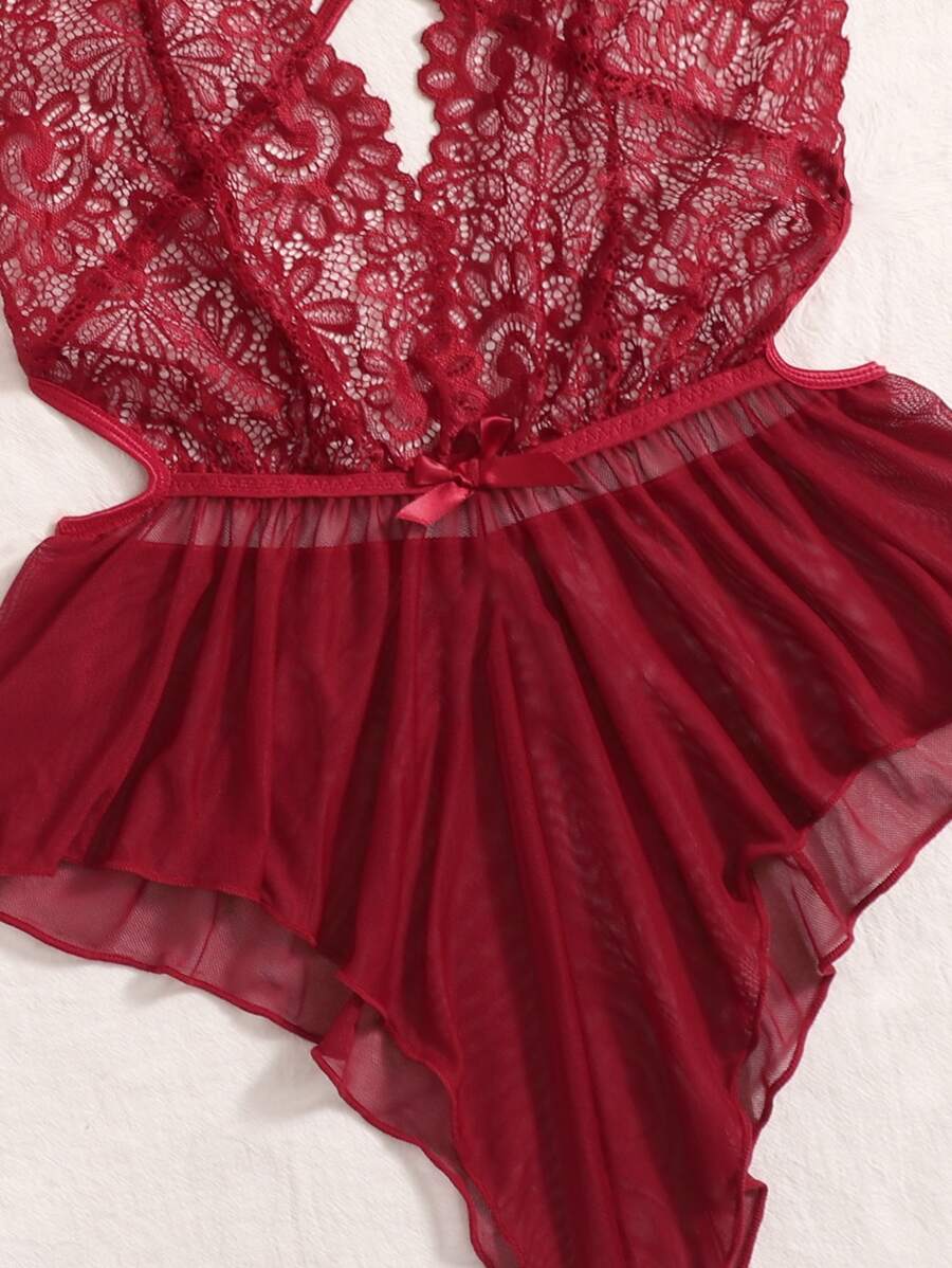 Deep V-Neck Lace Semi-Sheer Fashionable Charming Design Lingerie Set, Sexy Sleepwear For Women