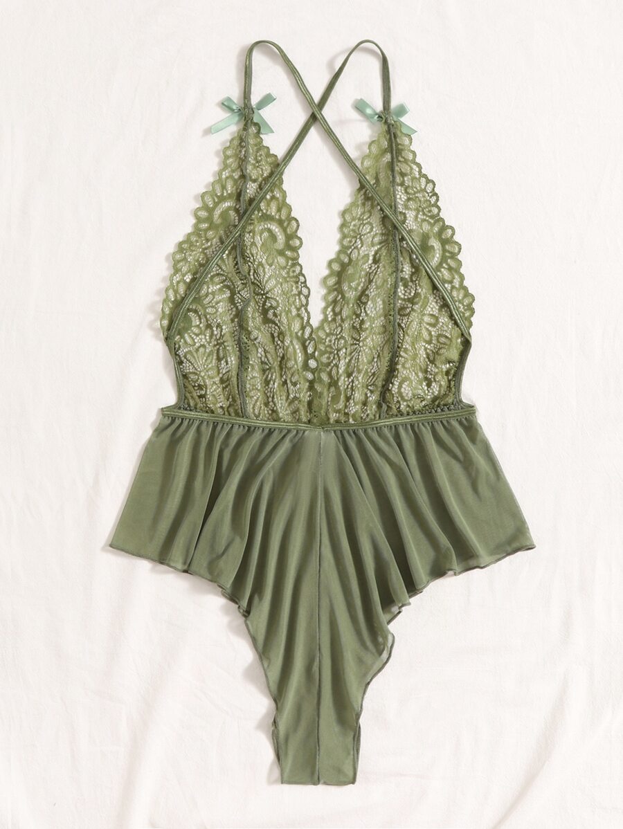 Deep V-Neck Lace Semi-Sheer Fashionable Charming Design Lingerie Set, Sexy Sleepwear For Women