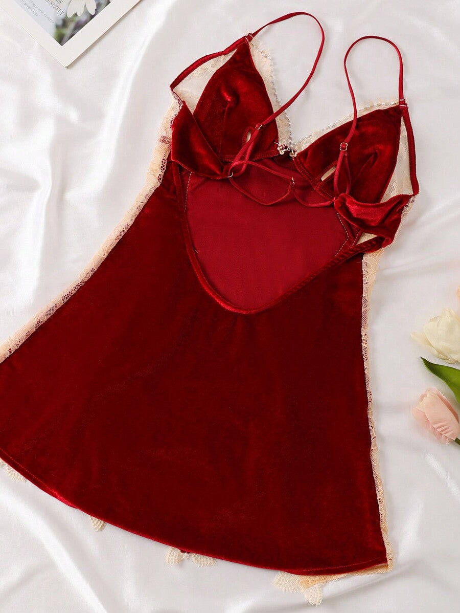 Classic Sexy Contrast Lace Sheer Mesh Backless Cross Teddy Bodysuit Lingerie
