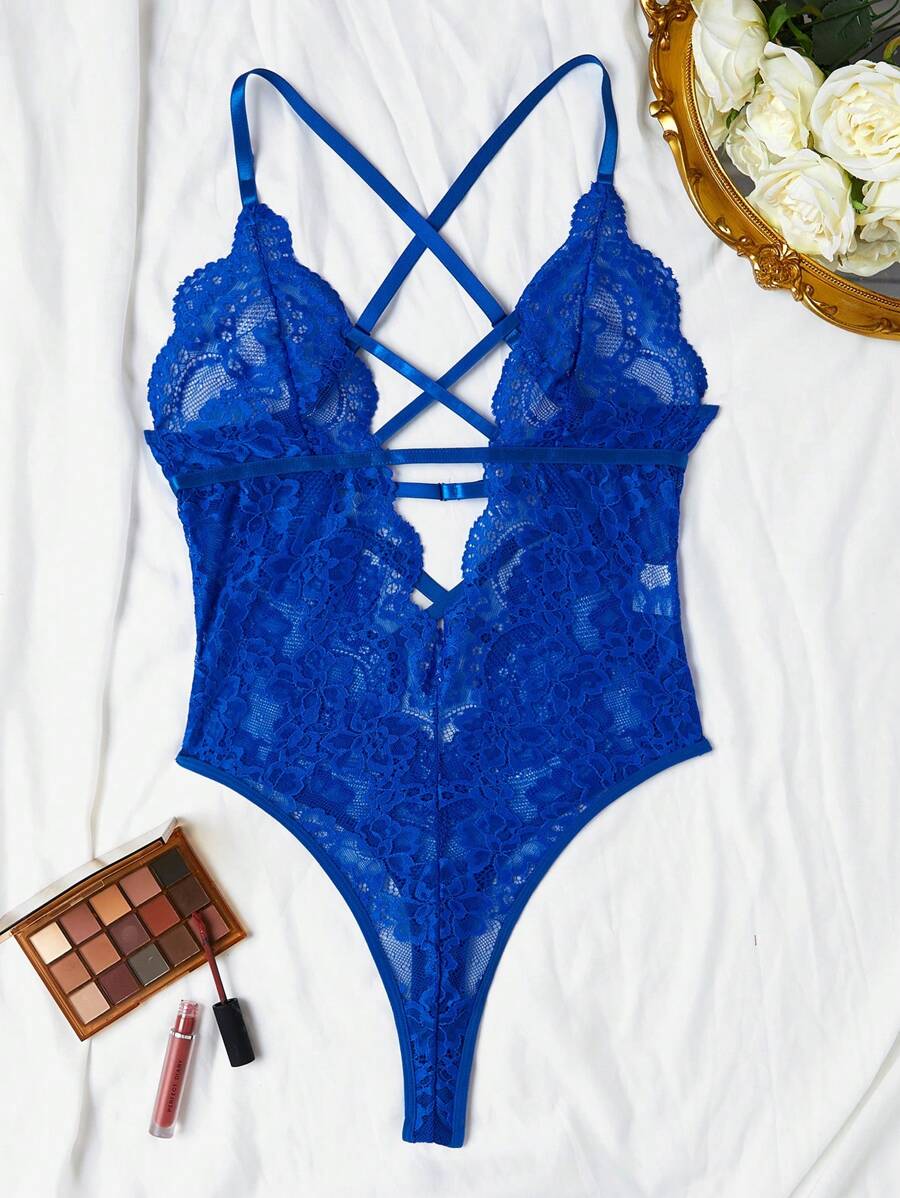 Classic Sexy Floral Lace Criss Cross Lace Up Backless Teddy Bodysuit Lingerie