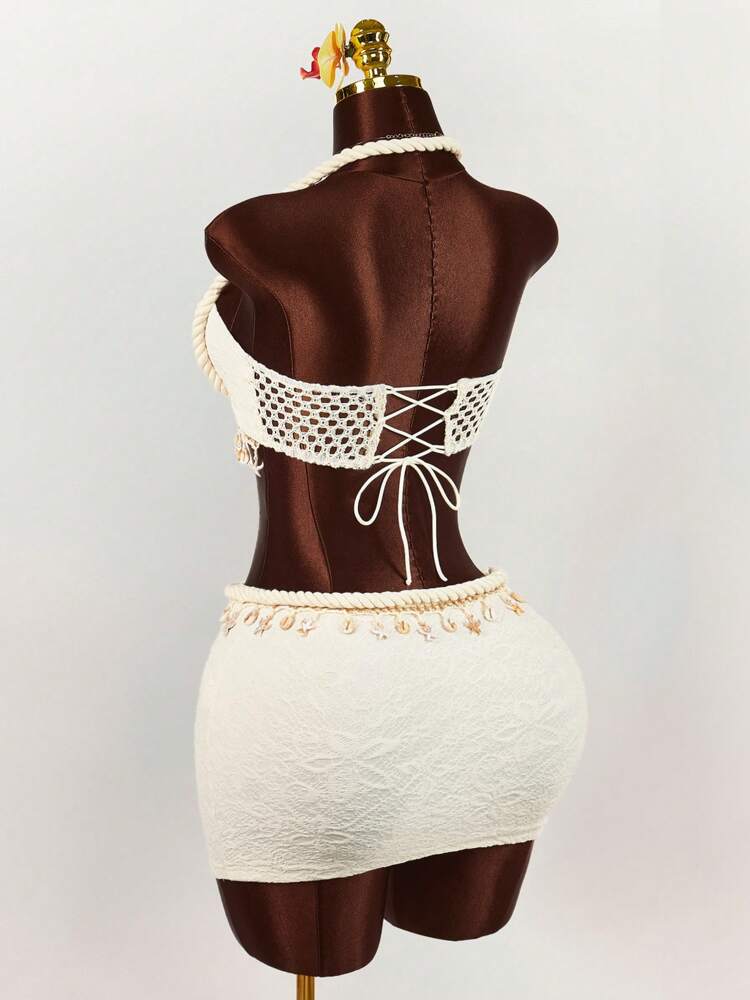 Swim SXY 2pcs Women Solid Color Sexy Hollow Out Tight Mesh Coverup Summer