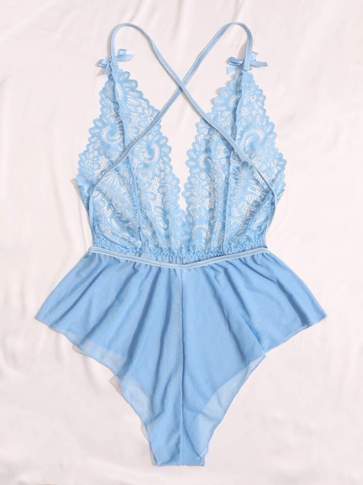 Deep V-Neck Lace Semi-Sheer Fashionable Charming Design Lingerie Set, Sexy Sleepwear For Women