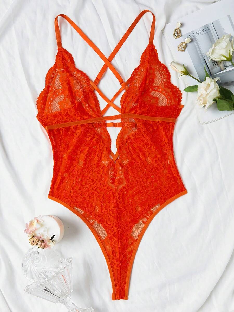 Classic Sexy Floral Lace Criss Cross Lace Up Backless Teddy Bodysuit Lingerie