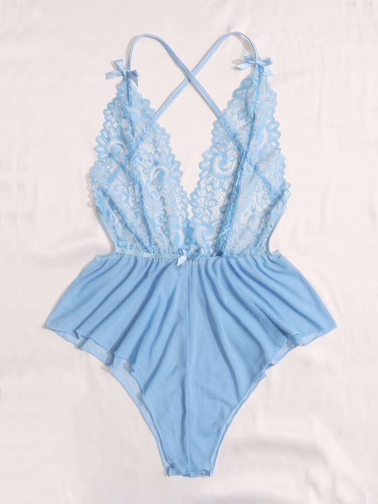 Deep V-Neck Lace Semi-Sheer Fashionable Charming Design Lingerie Set, Sexy Sleepwear For Women