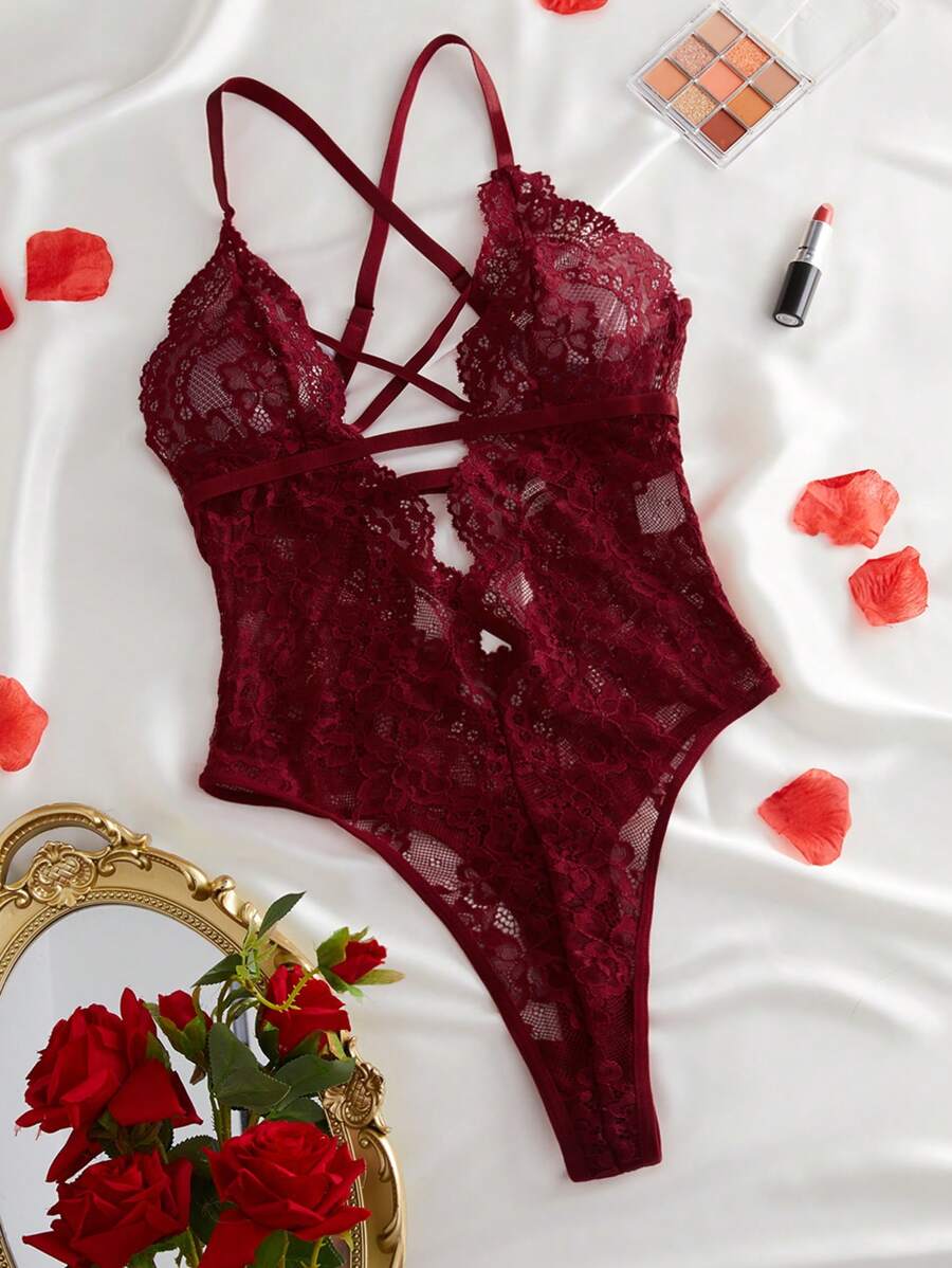Classic Sexy Floral Lace Criss Cross Lace Up Backless Teddy Bodysuit Lingerie