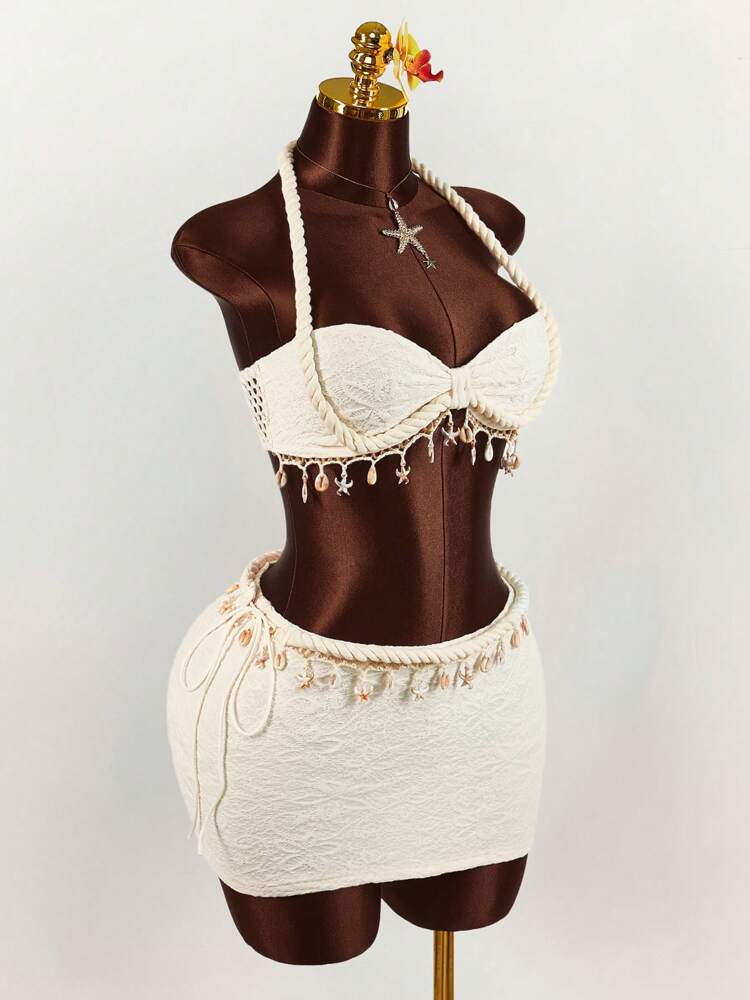 Swim SXY 2pcs Women Solid Color Sexy Hollow Out Tight Mesh Coverup Summer