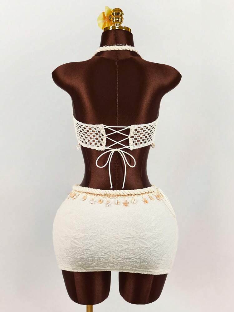 Swim SXY 2pcs Women Solid Color Sexy Hollow Out Tight Mesh Coverup Summer