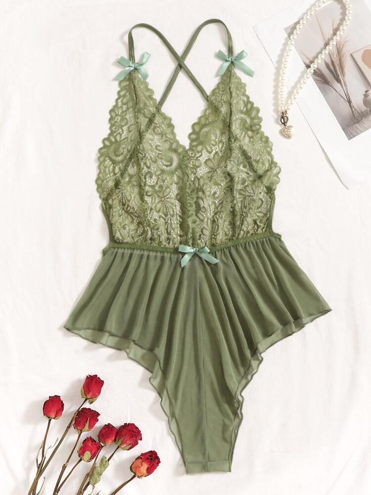 Deep V-Neck Lace Semi-Sheer Fashionable Charming Design Lingerie Set, Sexy Sleepwear For Women