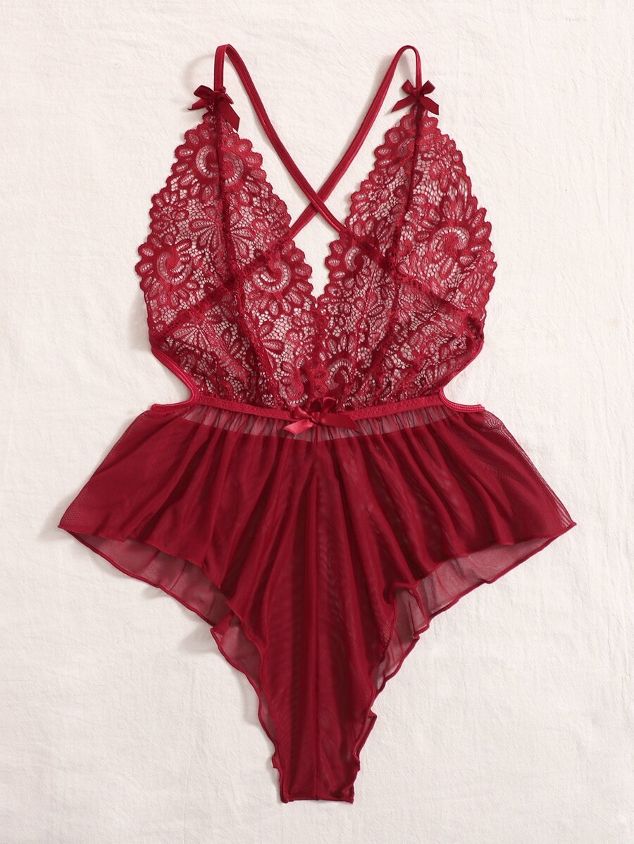 Deep V-Neck Lace Semi-Sheer Fashionable Charming Design Lingerie Set, Sexy Sleepwear For Women