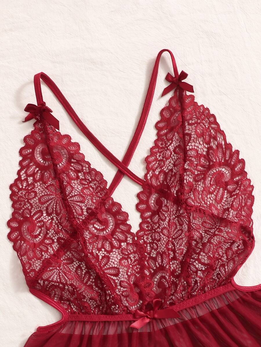 Deep V-Neck Lace Semi-Sheer Fashionable Charming Design Lingerie Set, Sexy Sleepwear For Women