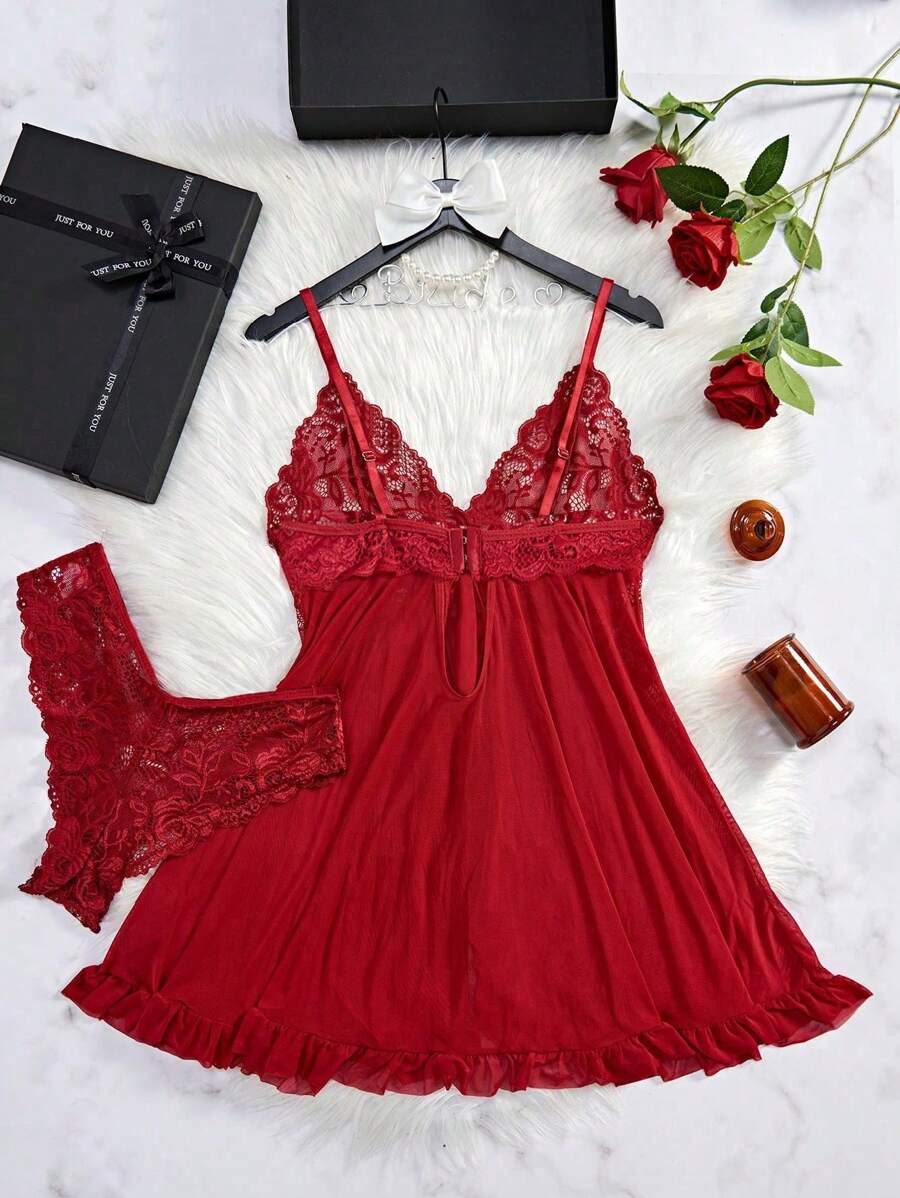2pcs Lace Sexy Lingerie Set For Women, Suitable For Sleepwear And Loungewear