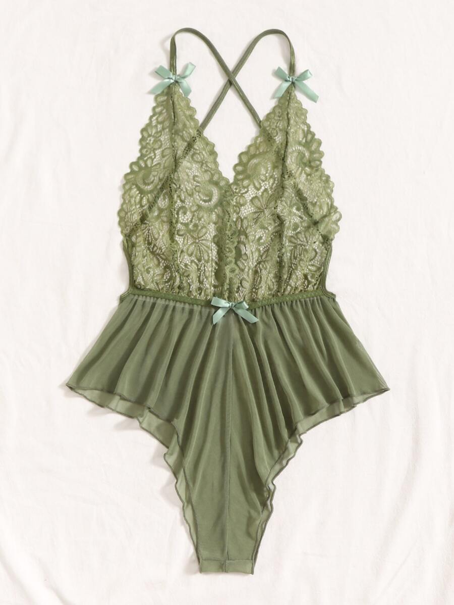 Deep V-Neck Lace Semi-Sheer Fashionable Charming Design Lingerie Set, Sexy Sleepwear For Women