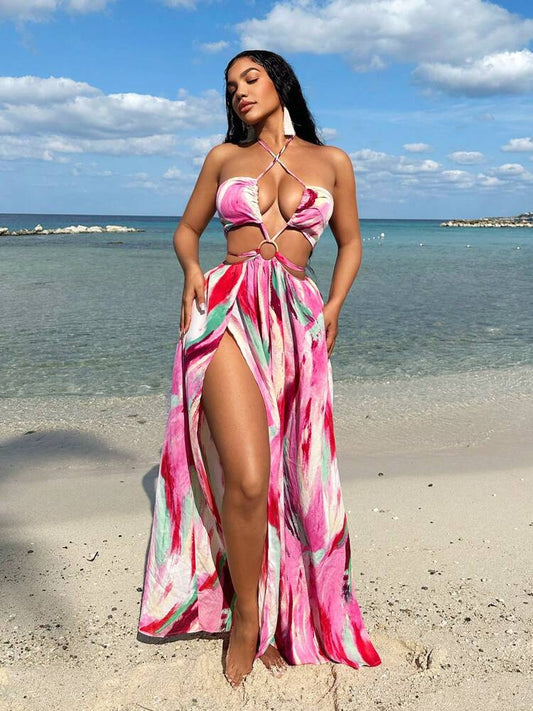 SHEIN SXY Women Tie Dye Printed Hollow Out Cross Halter Split Dress For Beach Vacation