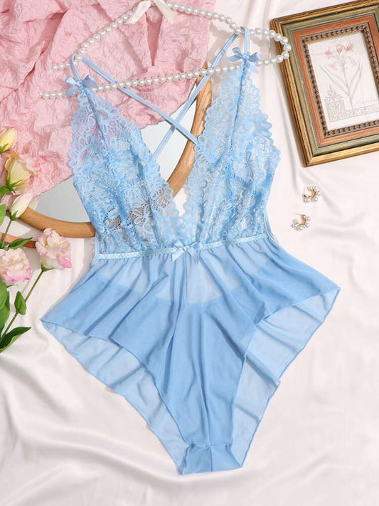Deep V-Neck Lace Semi-Sheer Fashionable Charming Design Lingerie Set, Sexy Sleepwear For Women