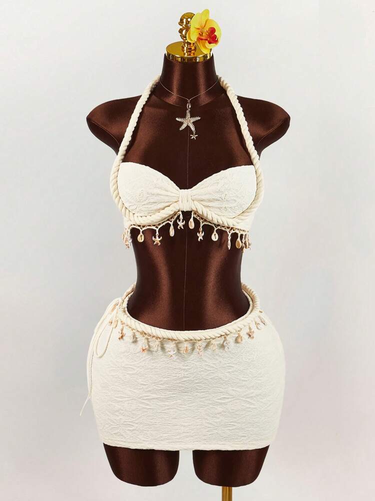 Swim SXY 2pcs Women Solid Color Sexy Hollow Out Tight Mesh Coverup Summer