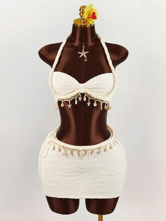 Swim SXY 2pcs Women Solid Color Sexy Hollow Out Tight Mesh Coverup Summer