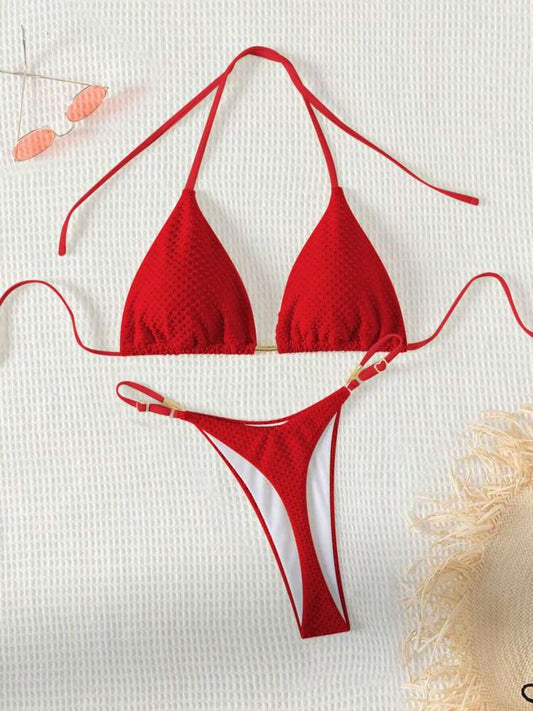 SHEIN Swim 2025 Women Summer Beach Solid Color Halter Tie Sexy Bikini Swimwear Set