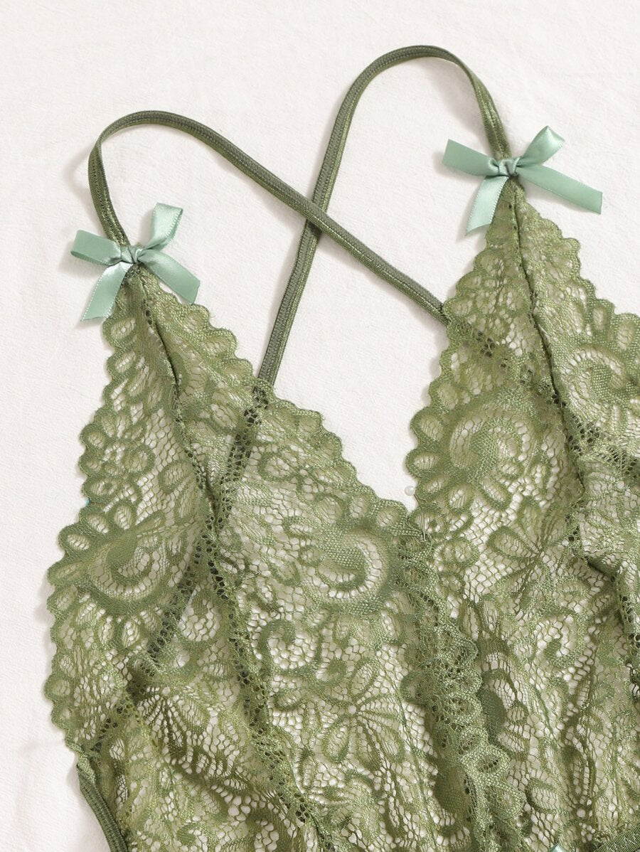 Deep V-Neck Lace Semi-Sheer Fashionable Charming Design Lingerie Set, Sexy Sleepwear For Women