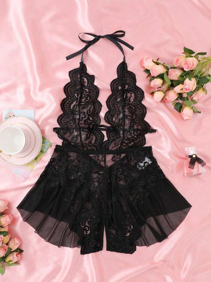 Women's Open Crotch Lace Decorated Backless Halter Neck Sexy Bodysuit With Ruffle Trim