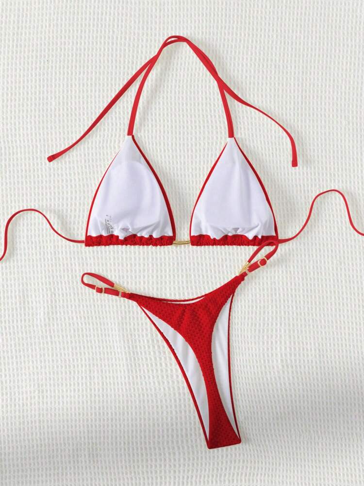 SHEIN Swim 2025 Women Summer Beach Solid Color Halter Tie Sexy Bikini Swimwear Set