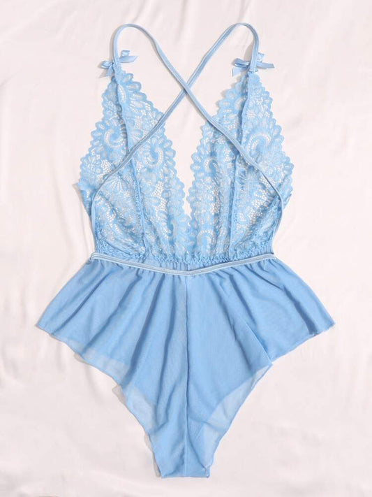 Deep V-Neck Lace Semi-Sheer Fashionable Charming Design Lingerie Set, Sexy Sleepwear For Women
