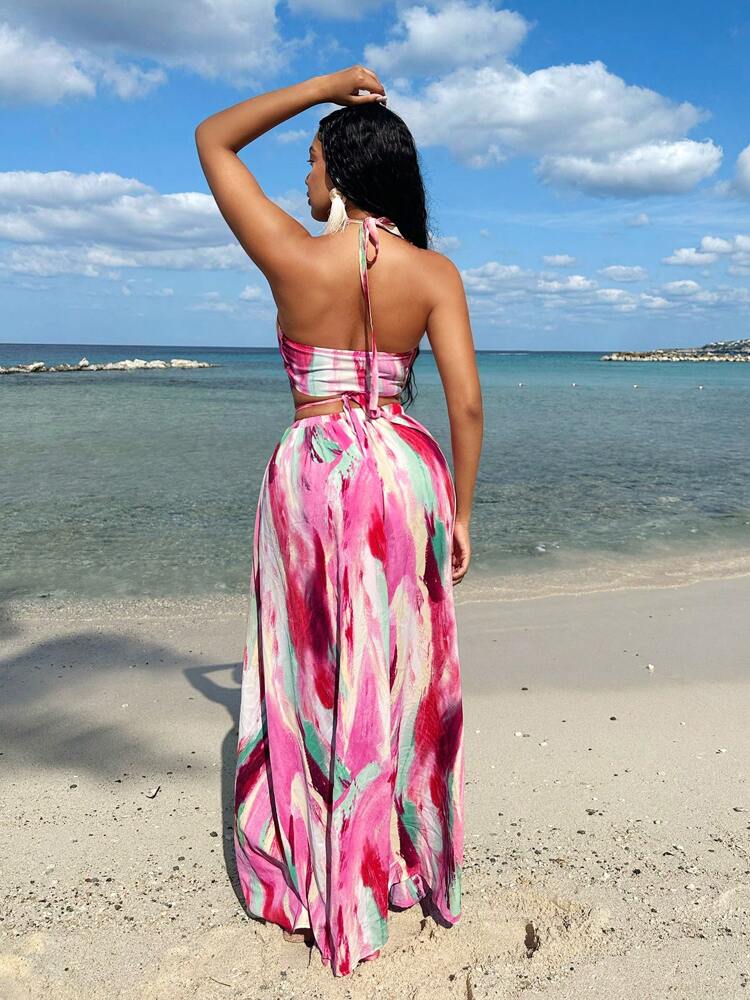 SHEIN SXY Women Tie Dye Printed Hollow Out Cross Halter Split Dress For Beach Vacation