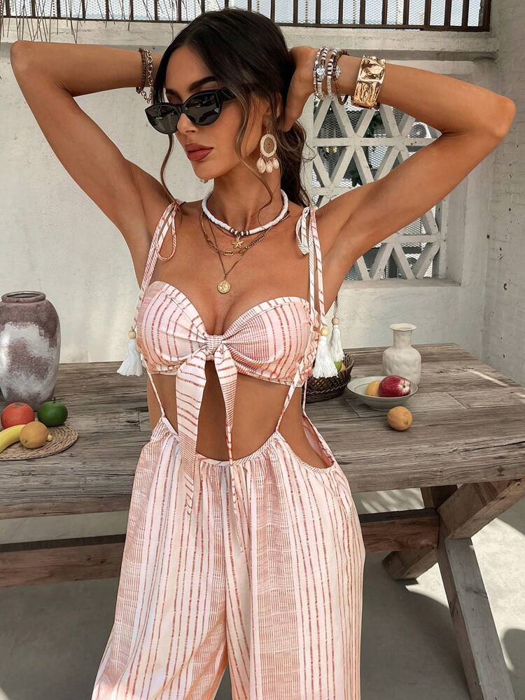 KARISMINA Women's Vacation Casual Striped Bandeau Top And Fringed Long Pants 2 Pieces Set Island Vacation Outfits