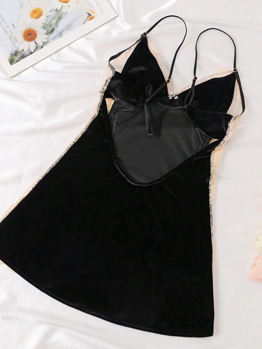 Classic Sexy Contrast Lace Sheer Mesh Backless Cross Teddy Bodysuit Lingerie