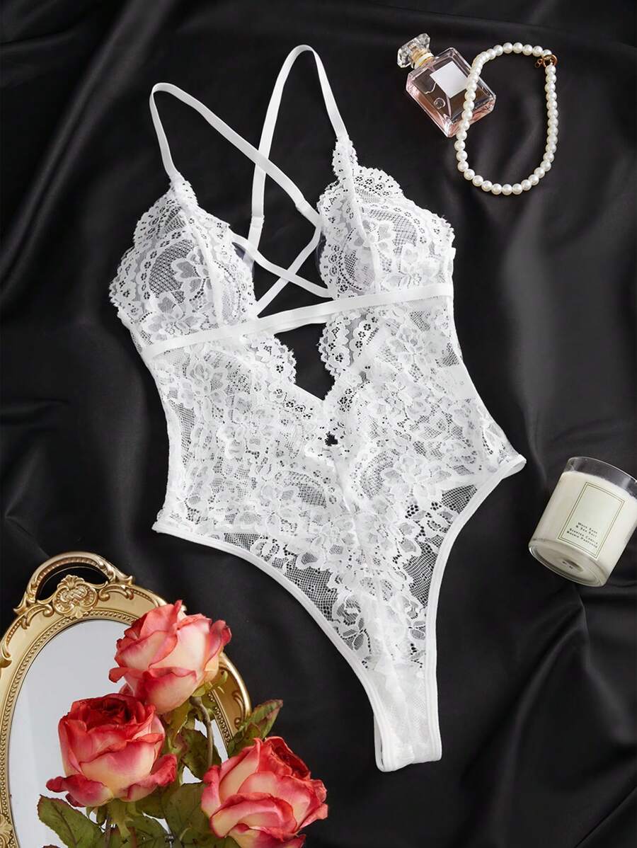 Classic Sexy Floral Lace Criss Cross Lace Up Backless Teddy Bodysuit Lingerie
