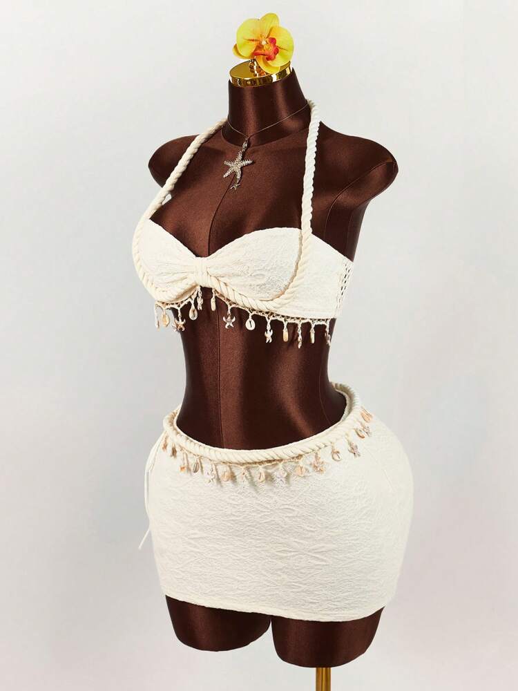 Swim SXY 2pcs Women Solid Color Sexy Hollow Out Tight Mesh Coverup Summer