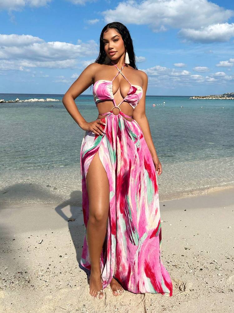 SHEIN SXY Women Tie Dye Printed Hollow Out Cross Halter Split Dress For Beach Vacation