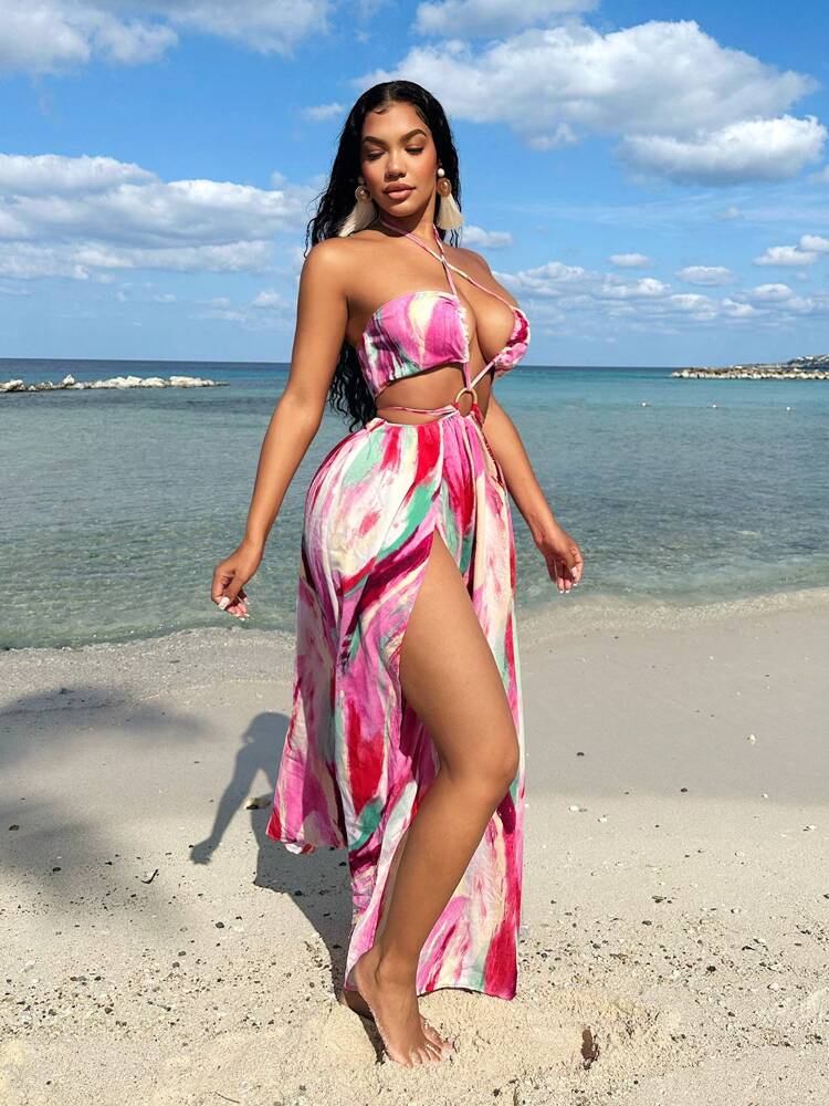 SHEIN SXY Women Tie Dye Printed Hollow Out Cross Halter Split Dress For Beach Vacation