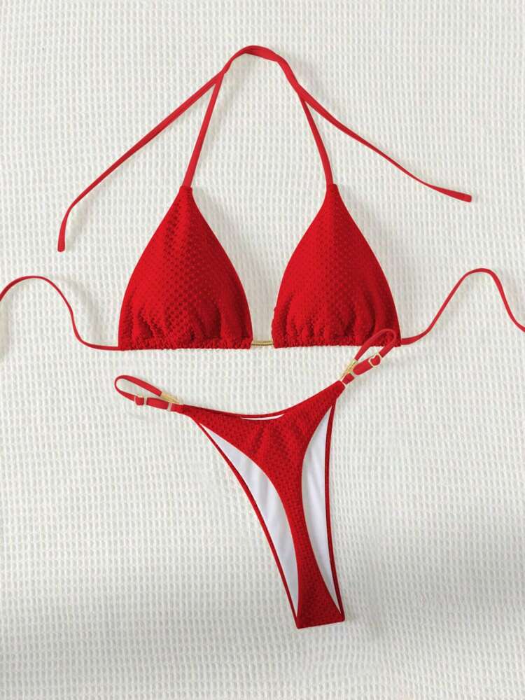 SHEIN Swim 2025 Women Summer Beach Solid Color Halter Tie Sexy Bikini Swimwear Set