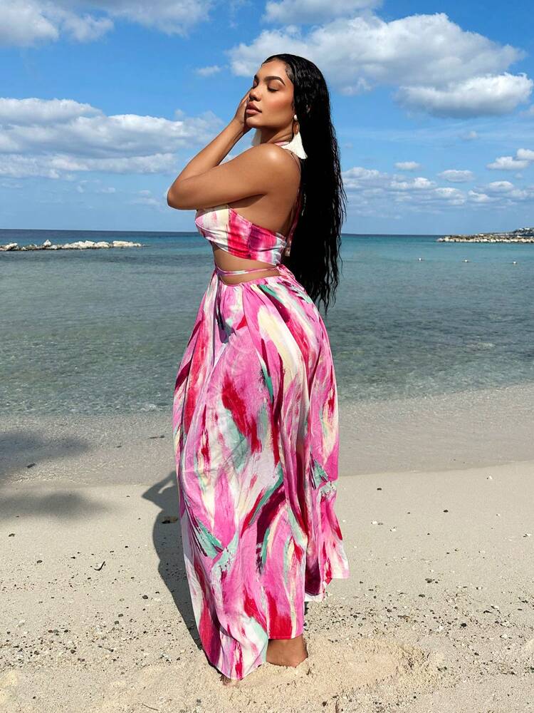 SHEIN SXY Women Tie Dye Printed Hollow Out Cross Halter Split Dress For Beach Vacation