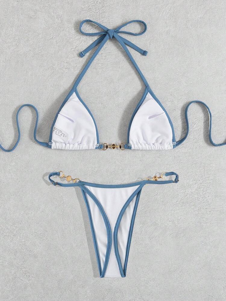 Swim Vcay Swimsuits For Woman Summer Beach Rib Binding Trim Halter Micro Triangle Bikini