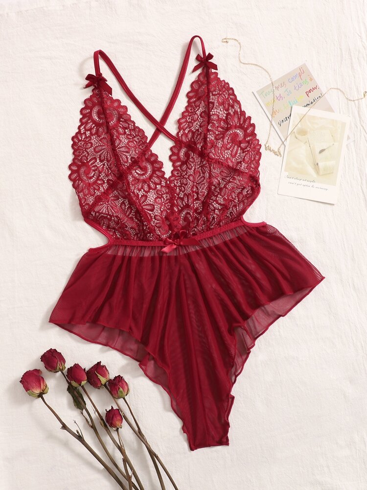 Deep V-Neck Lace Semi-Sheer Fashionable Charming Design Lingerie Set, Sexy Sleepwear For Women