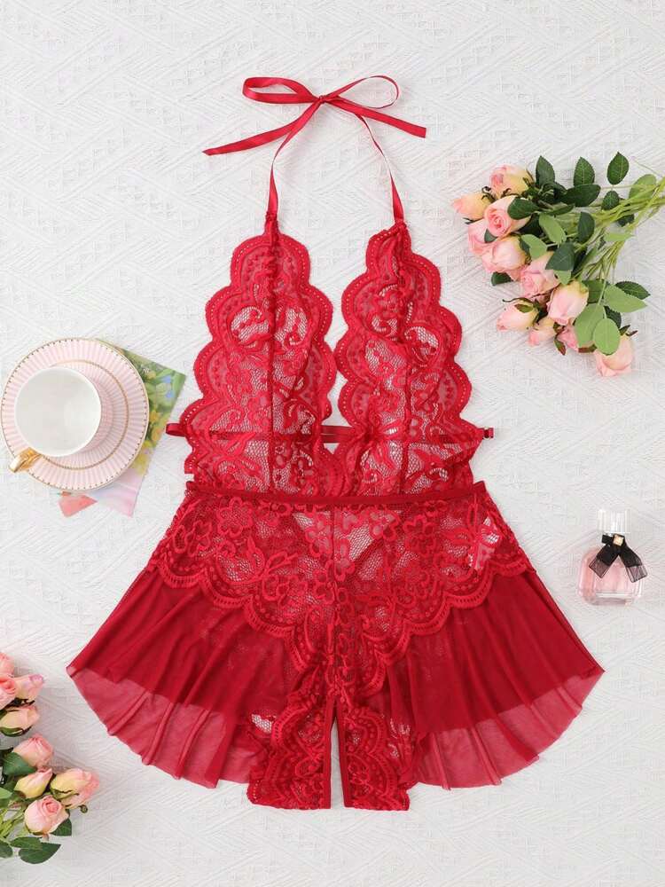 Women's Open Crotch Lace Decorated Backless Halter Neck Sexy Bodysuit With Ruffle Trim